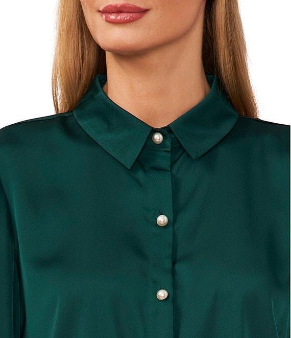 CeCe Satin Point Collar Long Sleeve Tall Cuff Pearl Button Front Blouse Product Image