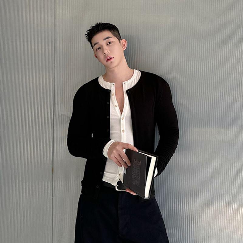 Long Sleeve Round Neck Plain Button Top Product Image