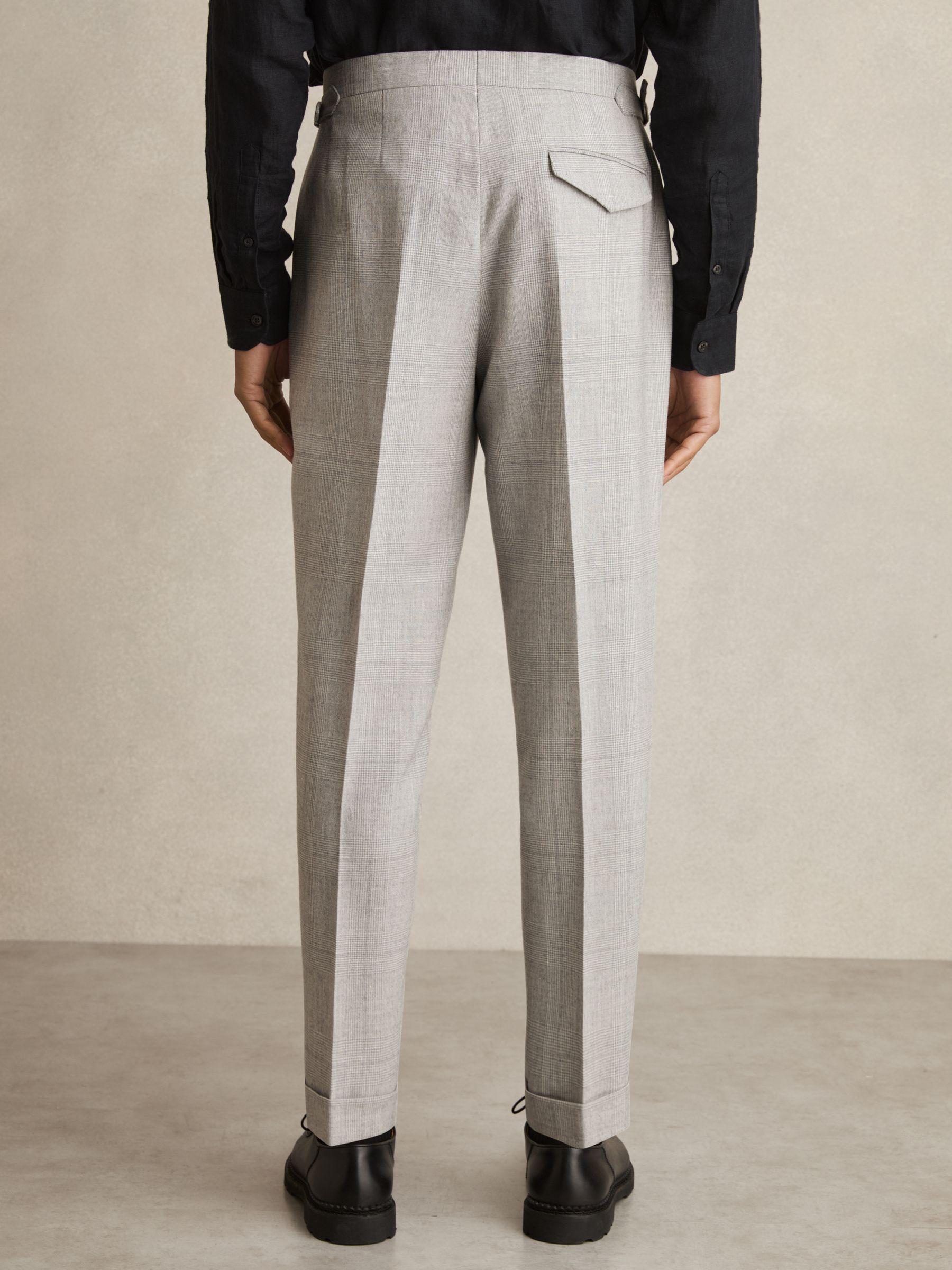 Wool-Linen Check Tapered Trousers in Soft Grey Melange Product Image