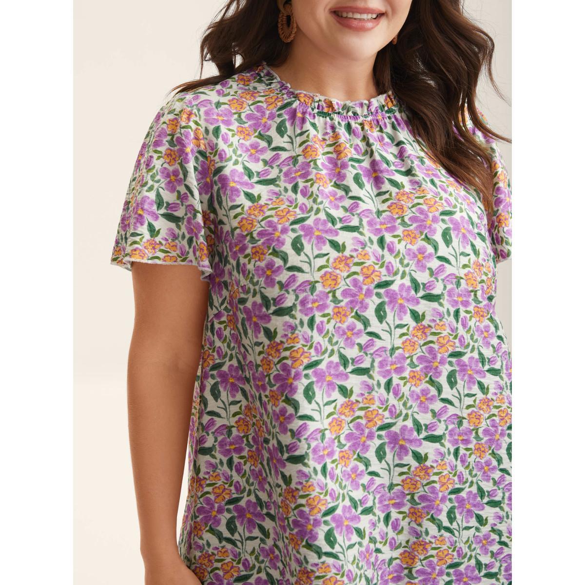 Plus Size Deeppurplered In Full Bloom Mock Neck Shirt Women Resort Cap Sleeve Stand-up collar Vacation Blouses BloomChic 28/5X Product Image