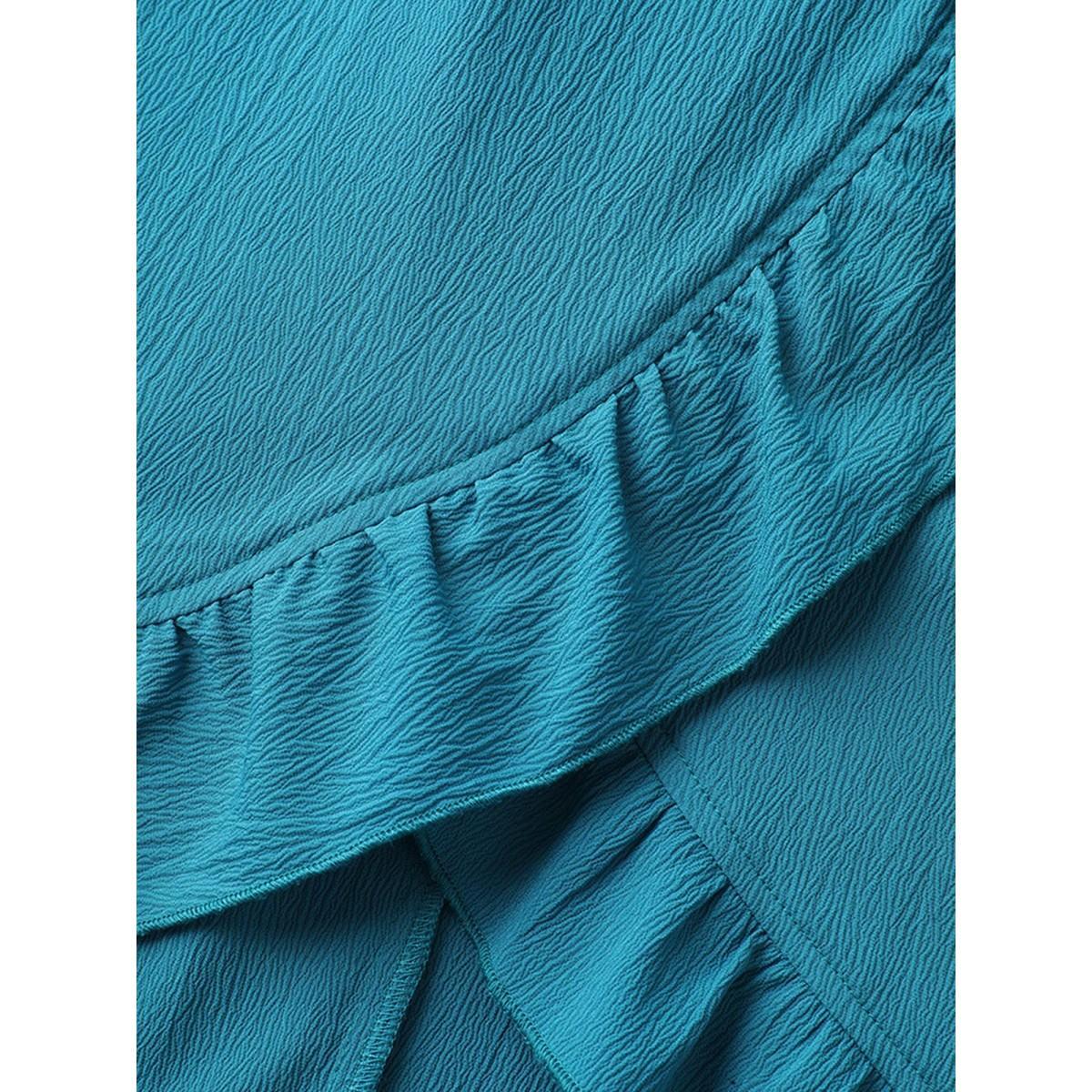 Plus Size Ruffled Lace Trim Pockets Plain Midi Dress Cerulean Women Overlap Collar Short sleeve Curvy BloomChic 22-24/3X Product Image