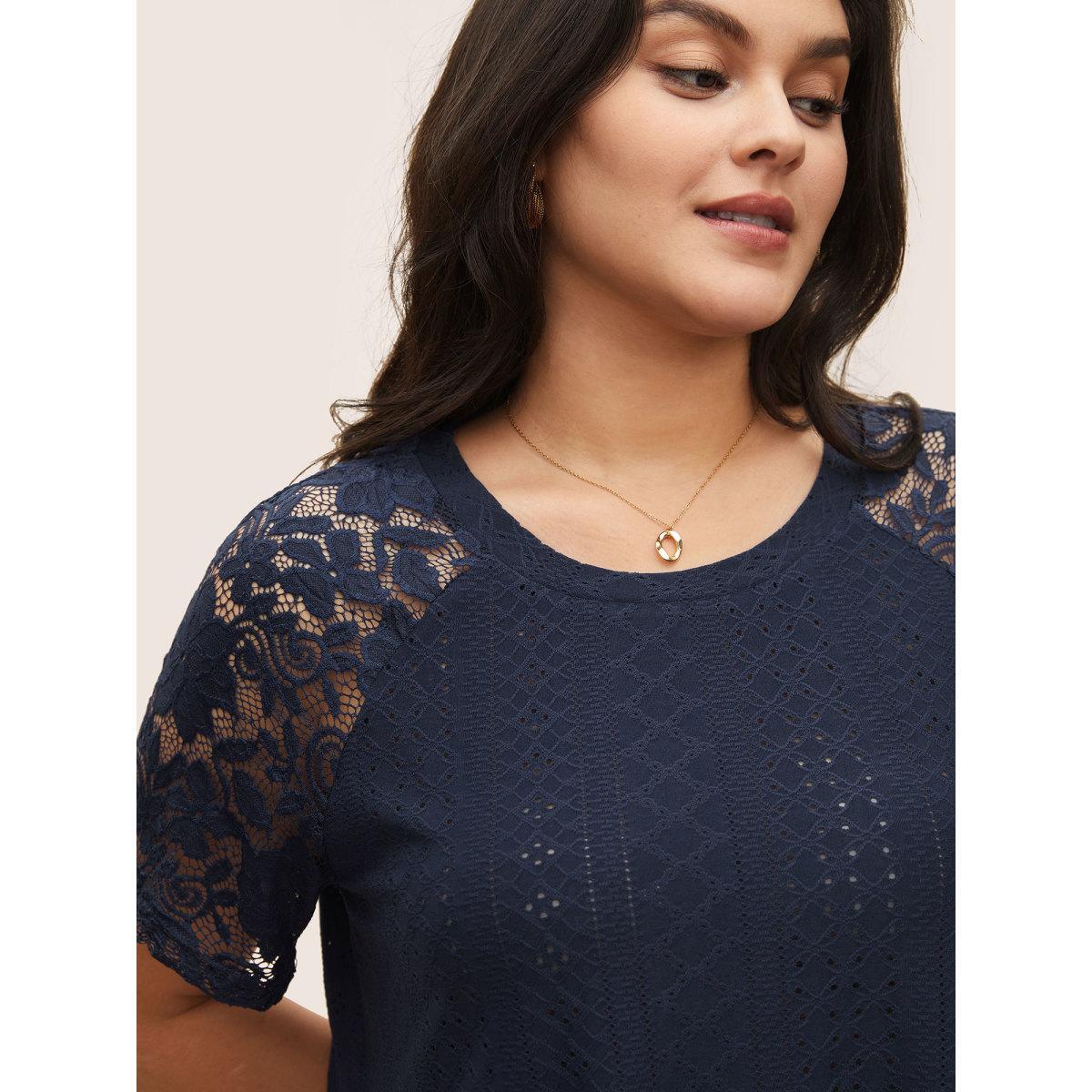 Plus Size Solid Broderie Anglaise Lace Raglan Sleeve T-shirt Midnight Women Elegant See through Plain Round Neck Everyday T-shirts BloomChic 30/6X Product Image