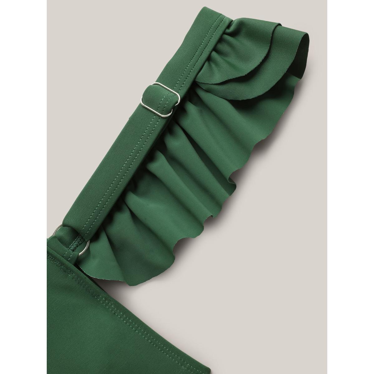 Plus Size Ruffled Straps Cinched Swim Dress Women's Swimwear ArmyGreen Beach Gathered High stretch Bodycon Heart neckline Curve Swim Tops BloomChic 28/5X Product Image
