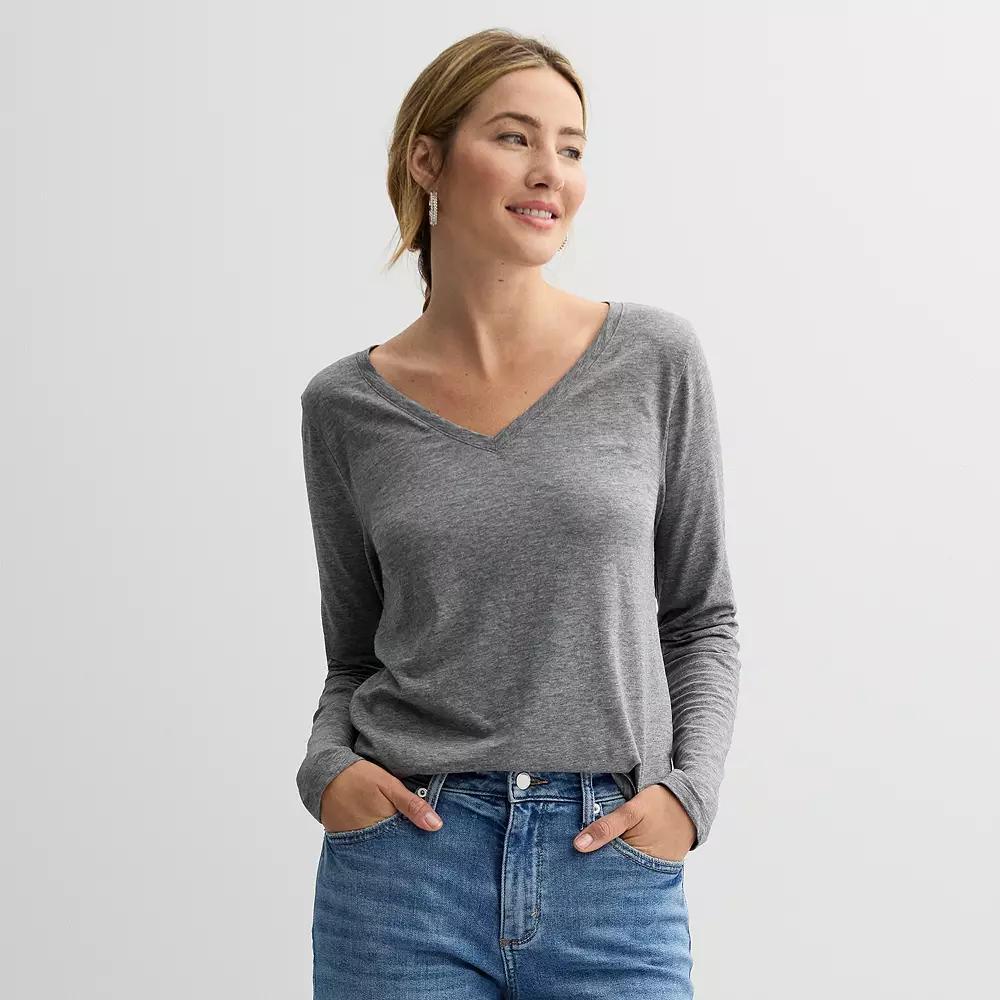 Petite Sonoma Goods For Life Everyday Long Sleeve V-Neck T-Shirt, Womens Grey Product Image