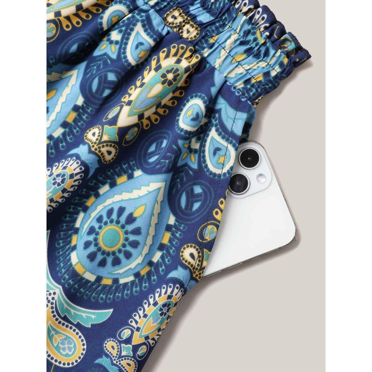Plus Size Bohemian Floral Print Pleated Maxi Skirt Women Cerulean Resort Pleated Low stretch Slanted pocket Vacation Skirts BloomChic 10/M Product Image
