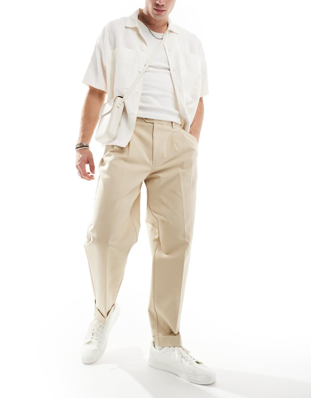 ASOS DESIGN smart premium cotton oversized tapered chino pants in stone Product Image
