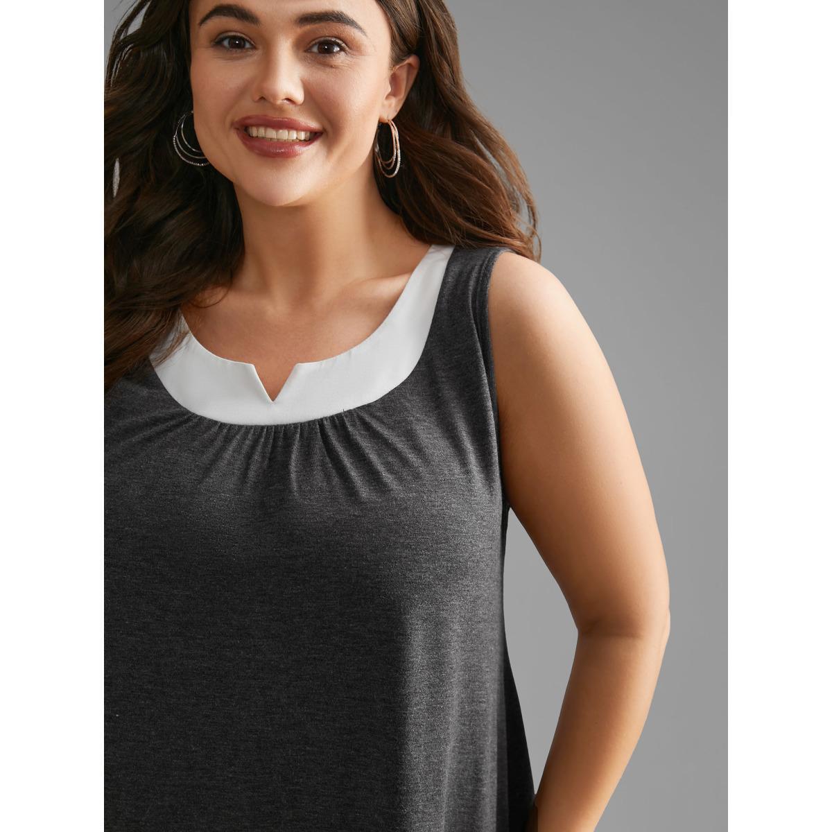 Plus Size Notched Collar Contrast Patchwork Gathered Tank Top Women DimGray Casual Gathered Notched collar Everyday Tank Tops Camis BloomChic 12/L Product Image