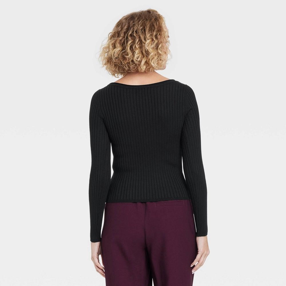 Womens Fine Gauge Ribbed Boat Neck Pullover Sweater - A New Day Black L Product Image