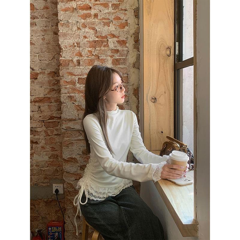 Long-Sleeve Mock Neck Drawstring Lace Trim Fleece-Lined Slim Fit Tee Product Image