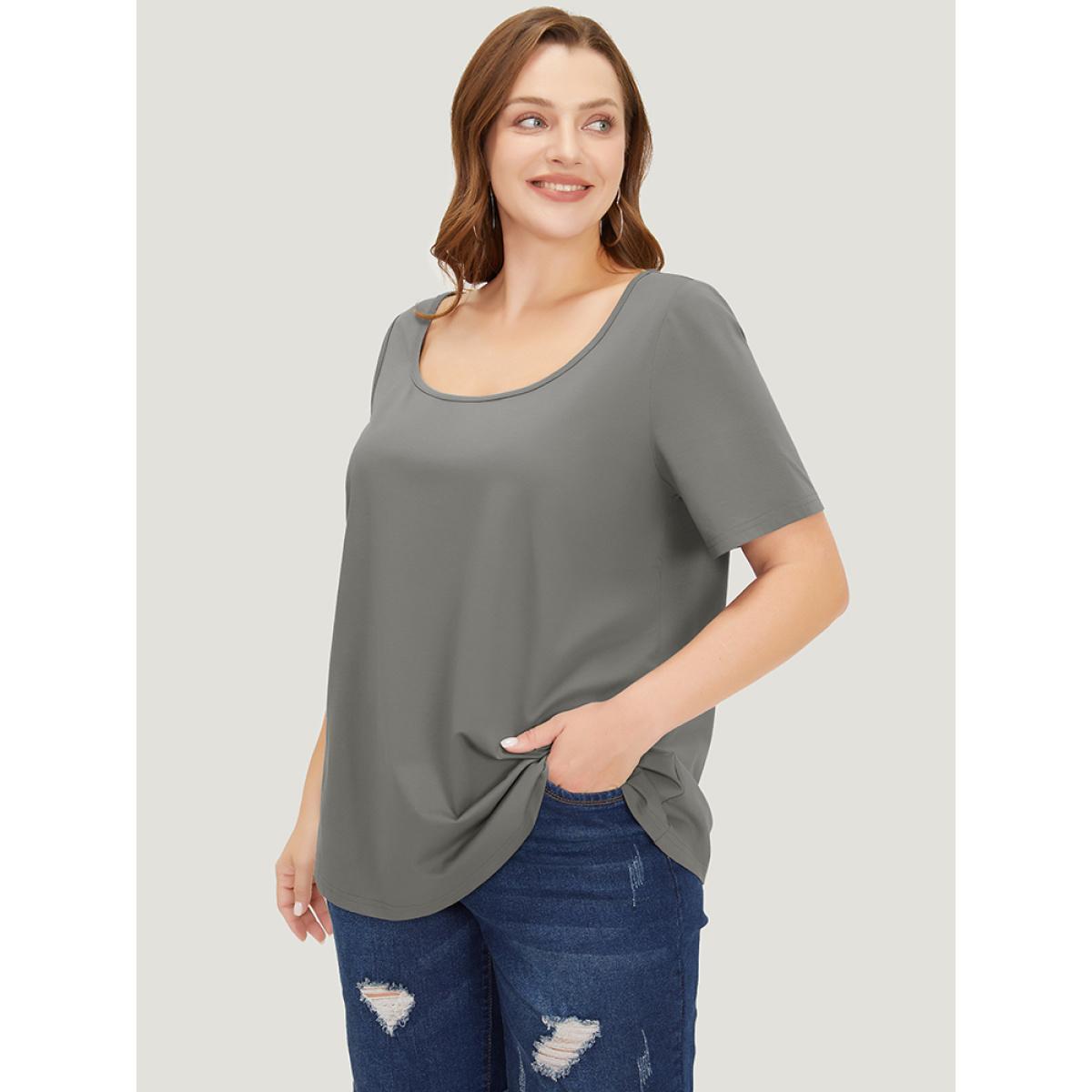 Plus Size UltraCool Plain Short Sleeve Scoop Neck T-shirt DimGray Women Basics Plain Scoop Neck Dailywear T-shirts BloomChic 22-24/3X Product Image