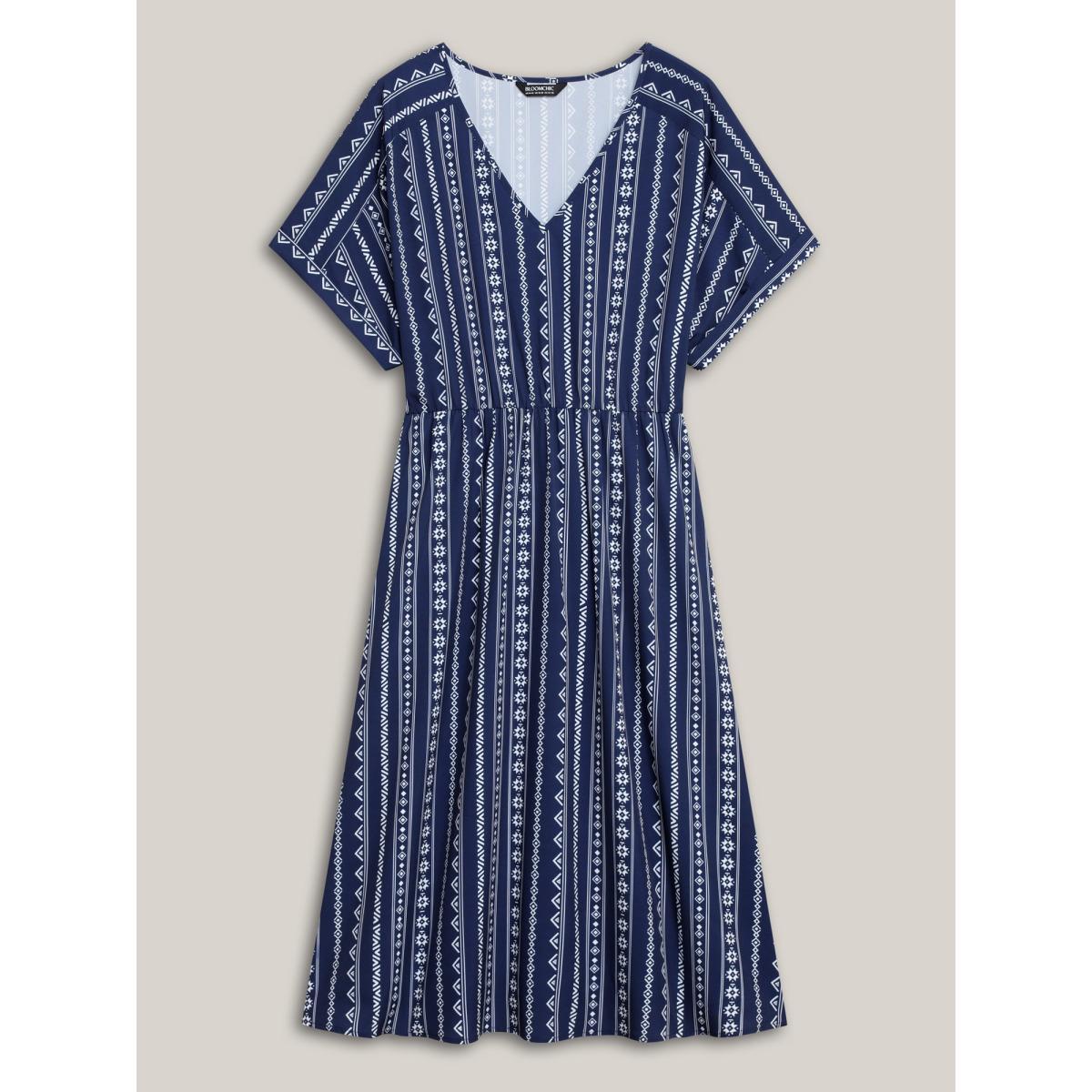 Plus Size Striped Waist-Cinched Dolman Sleeve Midi Dress DarkBlue Women Resort Gathered V-neck Short sleeve Curvy BloomChic 30/6X Product Image