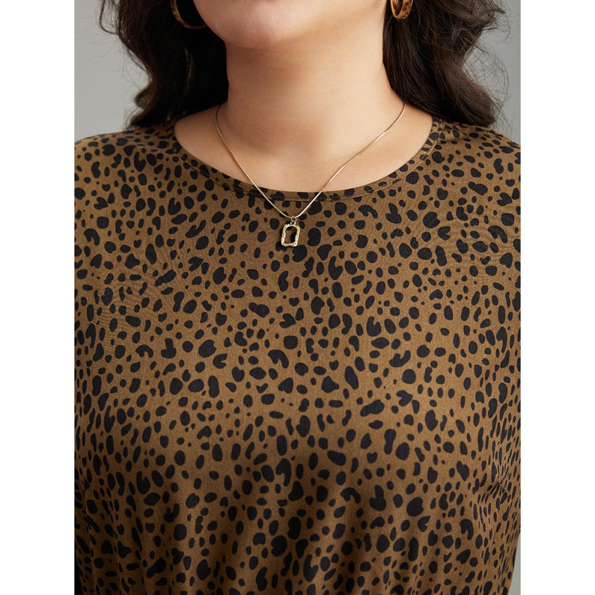 Plus Size Leopard Print Pocket Split Side Keyhole Dress DarkBrown Women Elegant Elastic cuffs Round Neck Long Sleeve Curvy Midi Dress BloomChic 18-20/2X Product Image