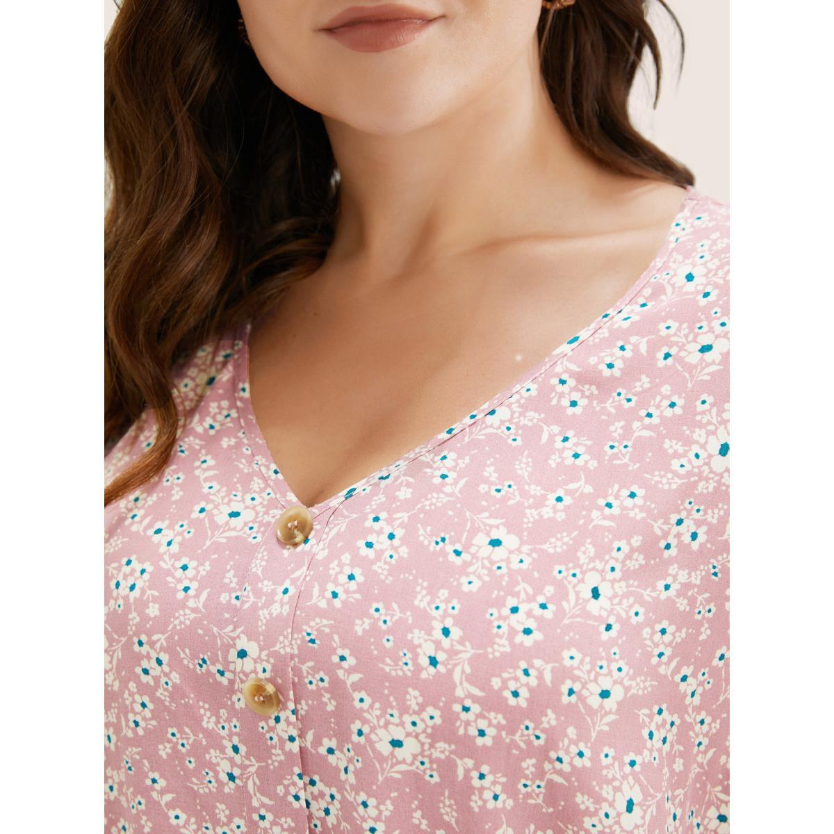 Plus Size Pink Ditsy Floral Contrast Ruffle Sleeve Button Detail Blouse Women Elegant Short sleeve Non Everyday Blouses BloomChic 18-20/2X Product Image