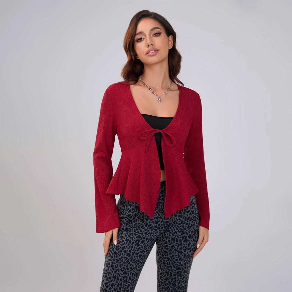 Women's V-Neck Knotted Long Sleeve Blouse - Wild Fable™ Burgundy XL Product Image