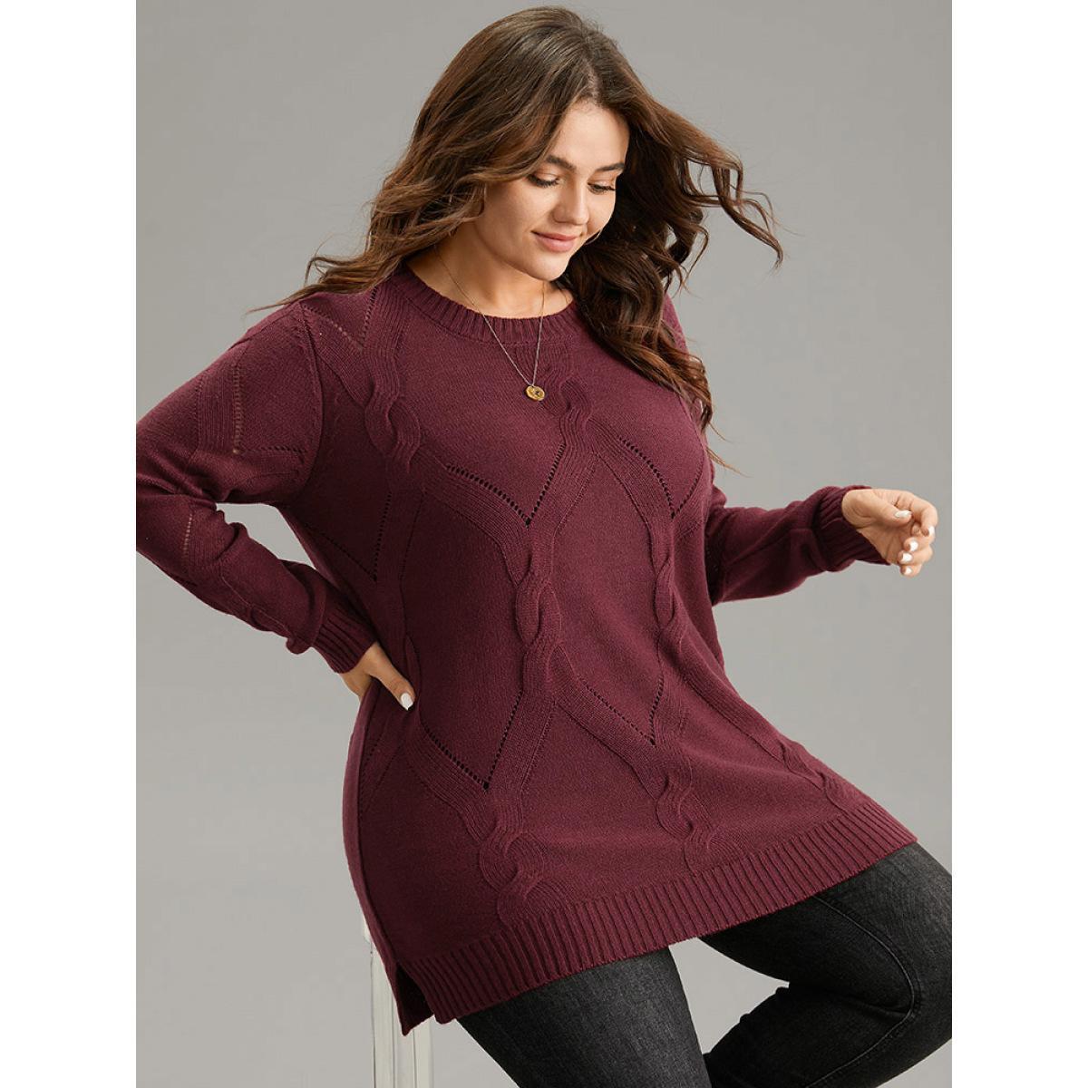 Plus Size Eyelet Cable Knit Elastic Hem Pullover Burgundy Women Casual Loose Long Sleeve Round Neck Dailywear Pullovers BloomChic 26/4X Product Image