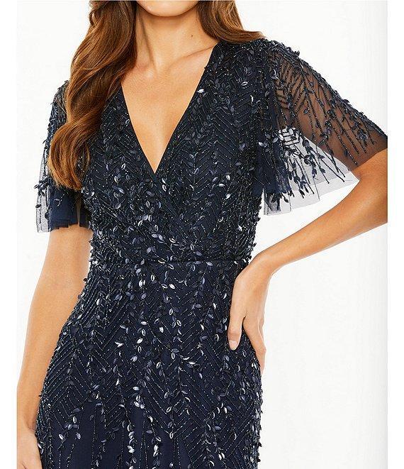 Mac Duggal Beaded V-Neck Flutter Sleeve Faux Wrap Midi Dress Product Image