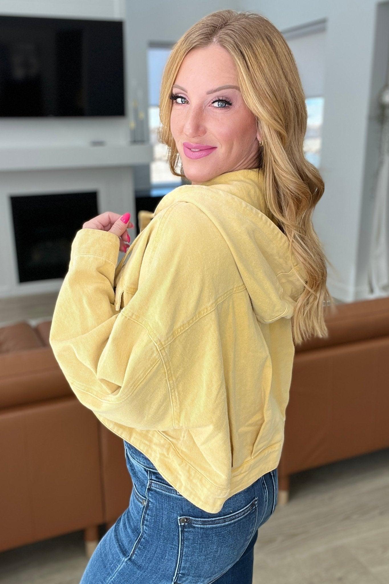 Gena Cropped Hooded Denim Jacket in Mustard - ONLINE EXCLUSIVE! Product Image