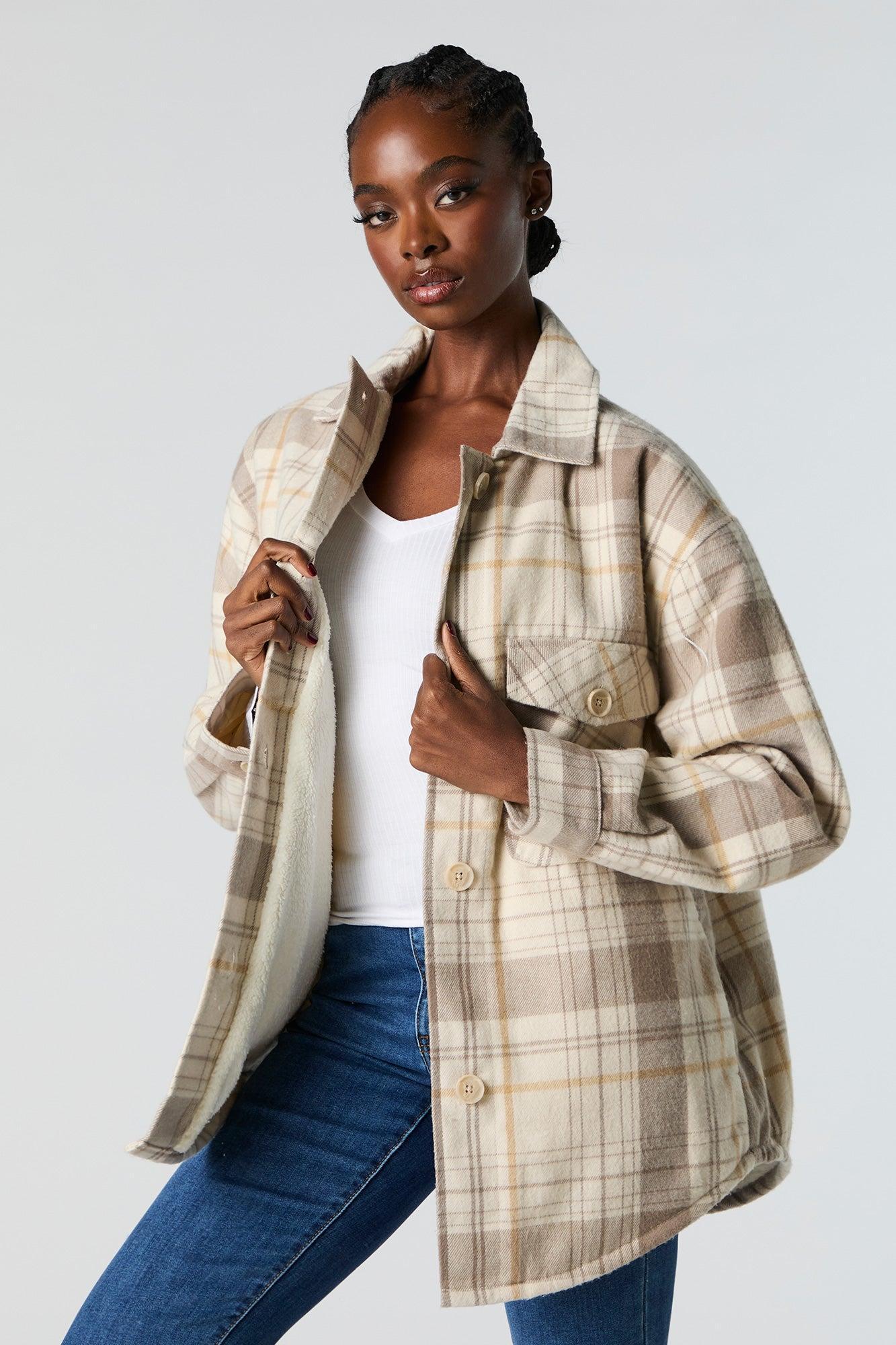 Sherpa Lined Plaid Flannel Shacket Female Product Image
