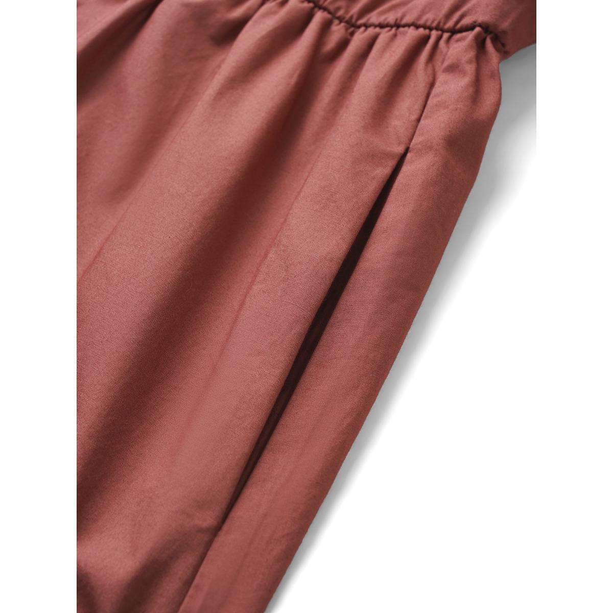 Plus Size Lapel Collar Gathered Pocket Lantern Sleeve Dress Russet Women Casual Gathered Lapel Collar Long Sleeve Curvy Knee Dress BloomChic 28/5X Product Image
