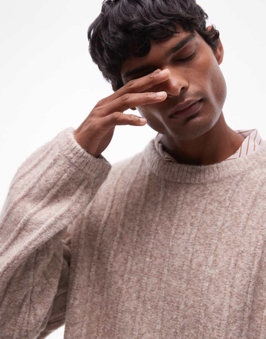 Topman crew neck sweater in oat rib Product Image