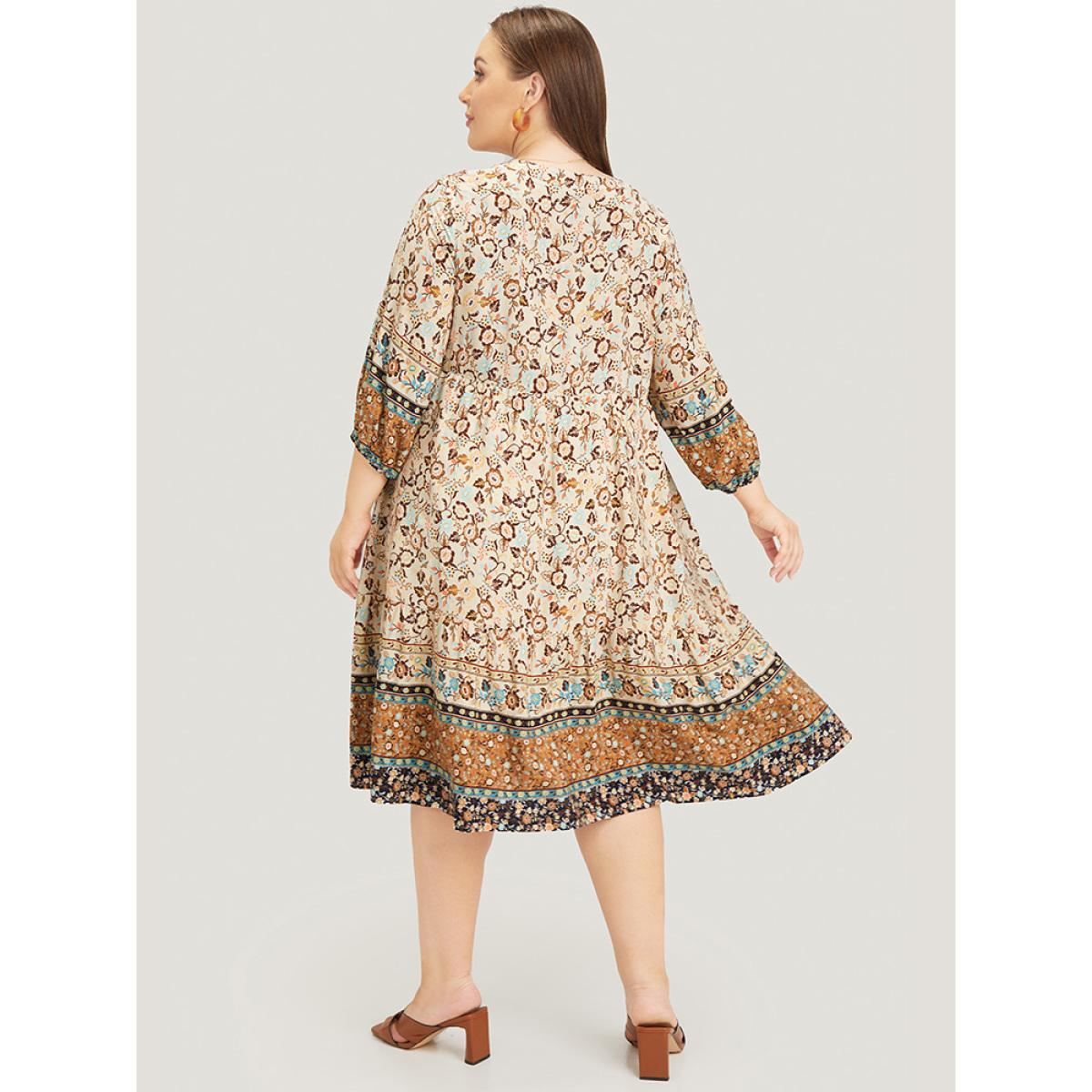 Plus Size Bandana Tassels Ties Neck Pocket Ruffle Hem Dress Indigo Women Vacation Tassels Tie Neck Elbow-length sleeve Curvy Midi Dress BloomChic 28/5X Product Image