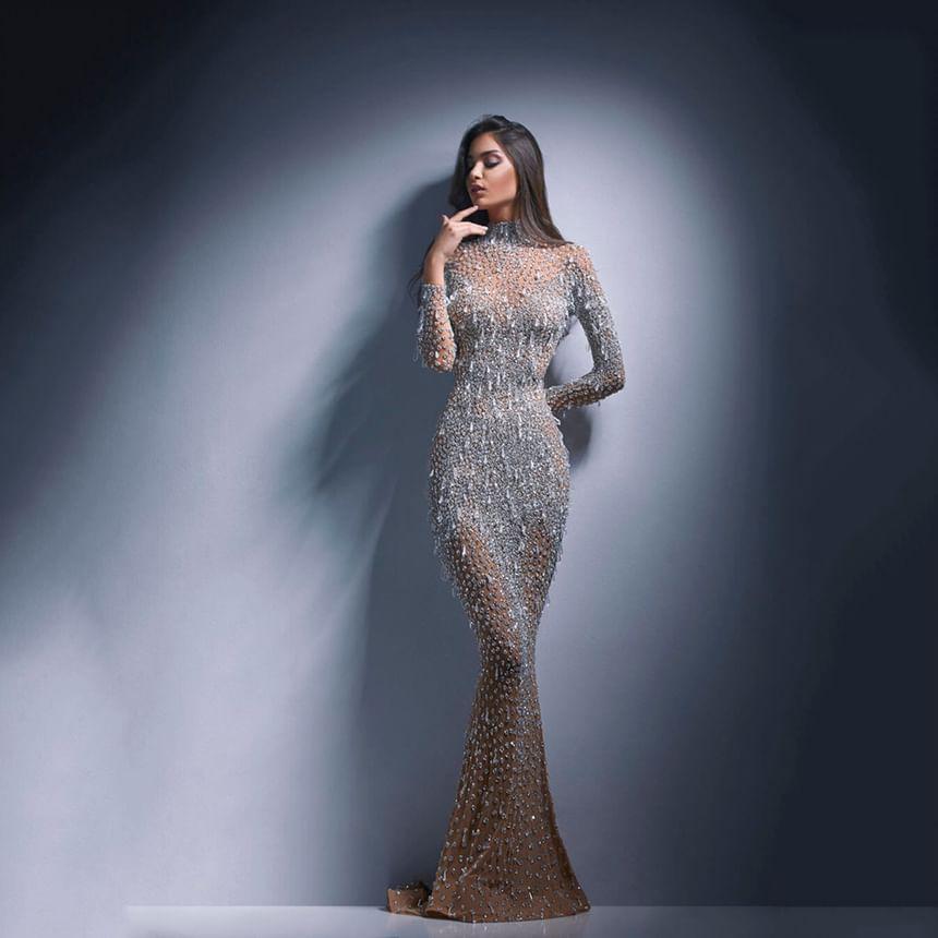 Long-Sleeve Rhinestone Mermaid Evening Gown Product Image