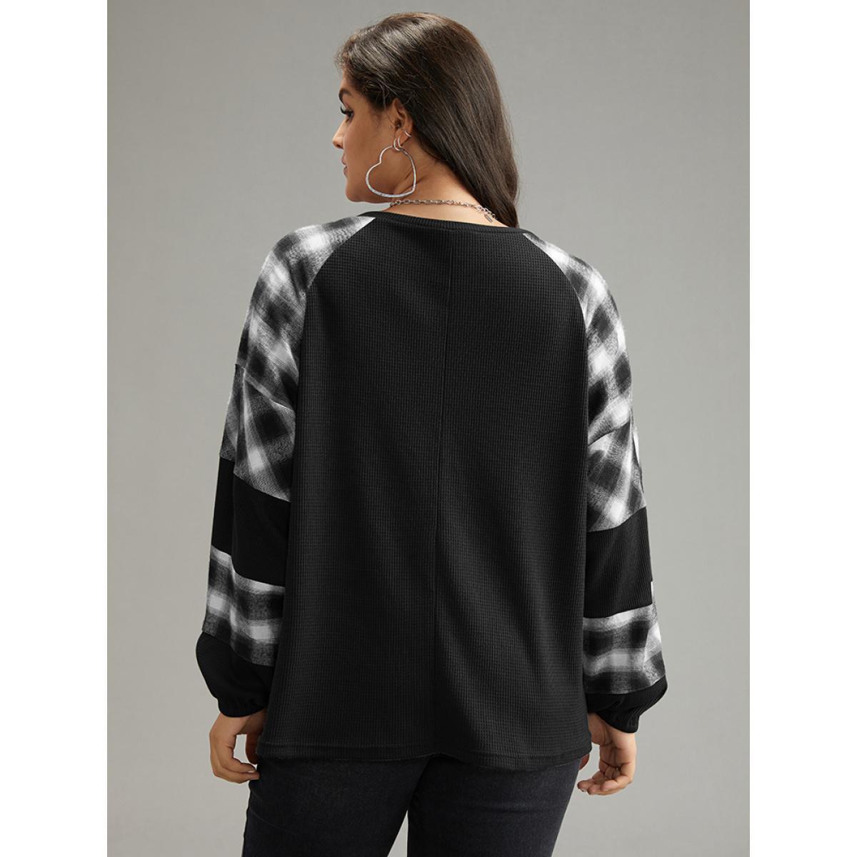 Plus Size Plaid Patchwork Rib Knit Elastic Cuffs Sweatshirt Black Women Casual Elastic cuffs Plaid Round Neck Dailywear T-shirts BloomChic 18-20/2X Product Image
