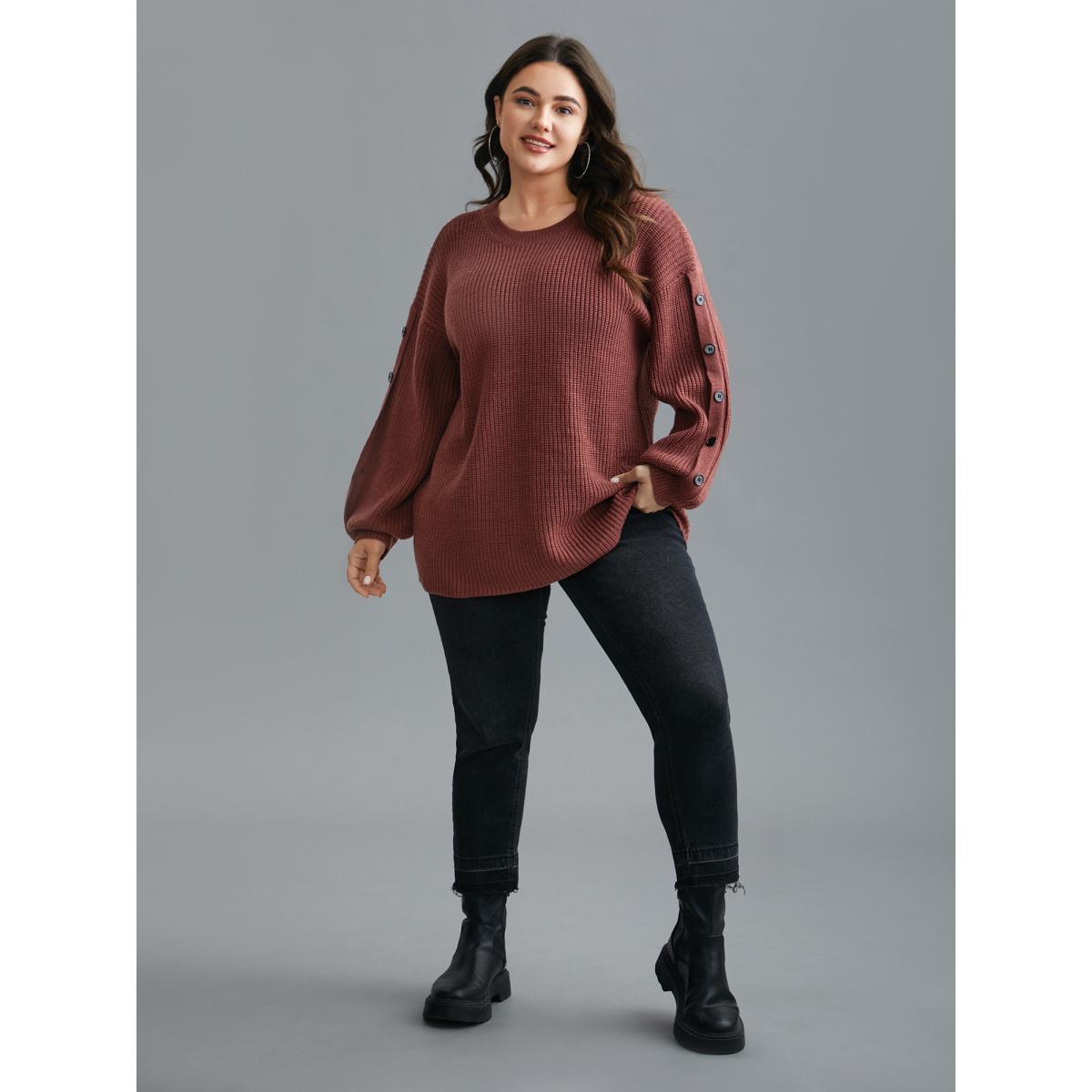 Plus Size Textured Drop Shoulder Button Detailing Pullover Russet Women Casual Loose Long Sleeve Round Neck Everyday Pullovers BloomChic 26/4X Product Image