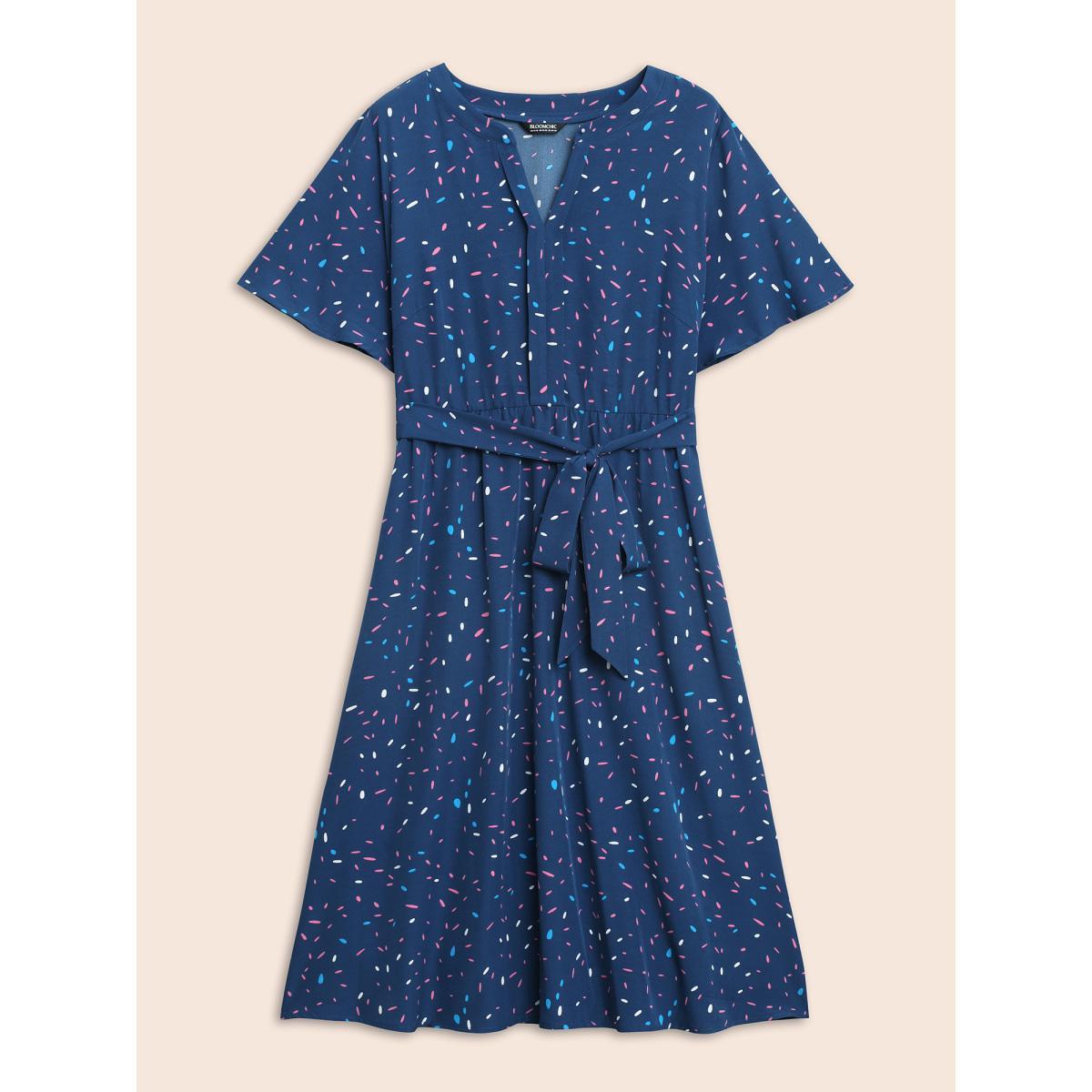 Plus Size Split Neck Confetti Print Midi Dress DarkBlue Women Elegant Belted Notched collar Short sleeve Curvy BloomChic 26/4X Product Image