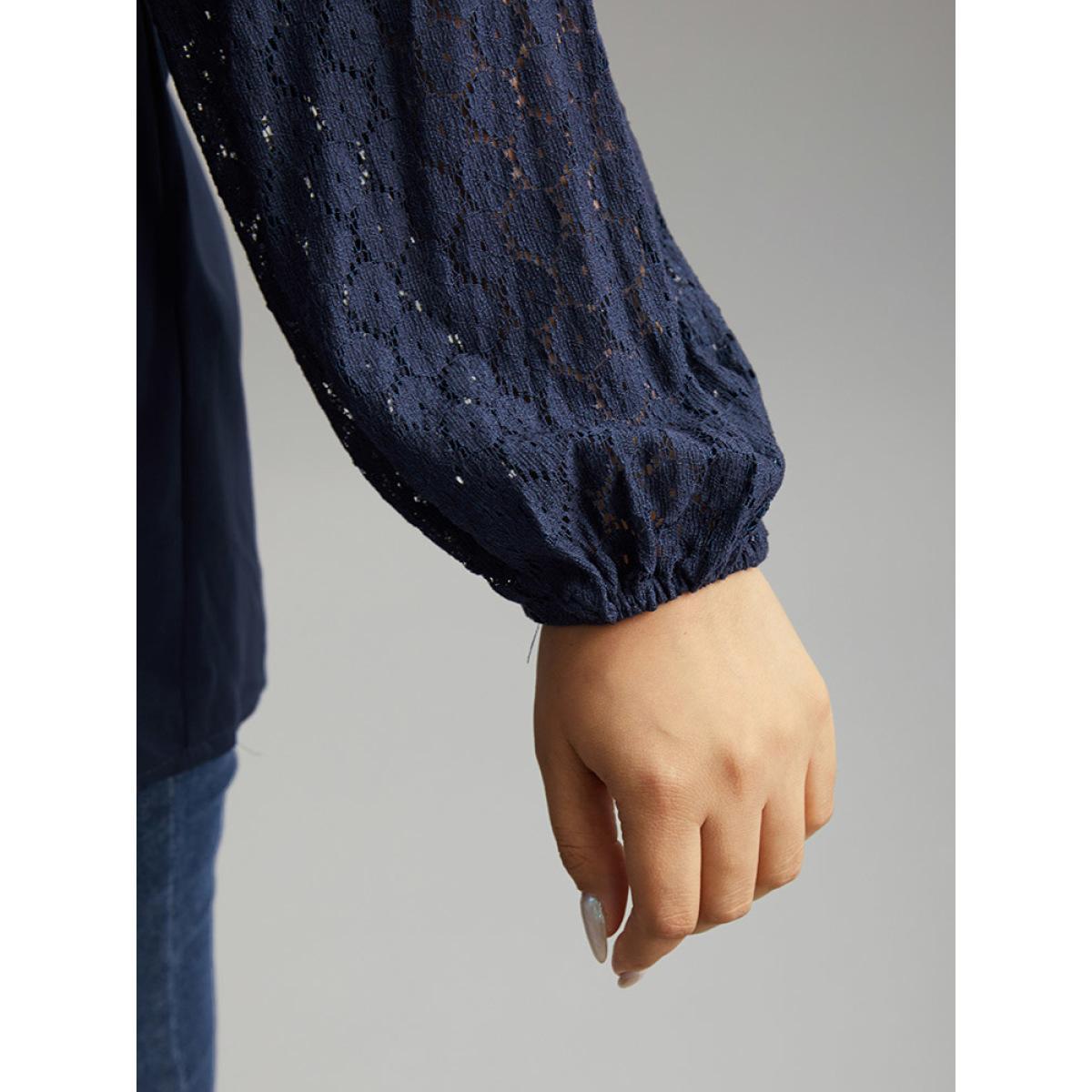 Plus Size Indigo V Neck Guipure Lace Lantern Sleeve Blouse Women Office Long Sleeve V-neck Work Blouses BloomChic 14-16/1X Product Image