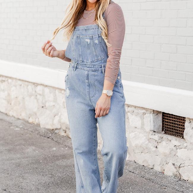 Many Moments Medium Wash Flared Overalls FINAL SALE Product Image