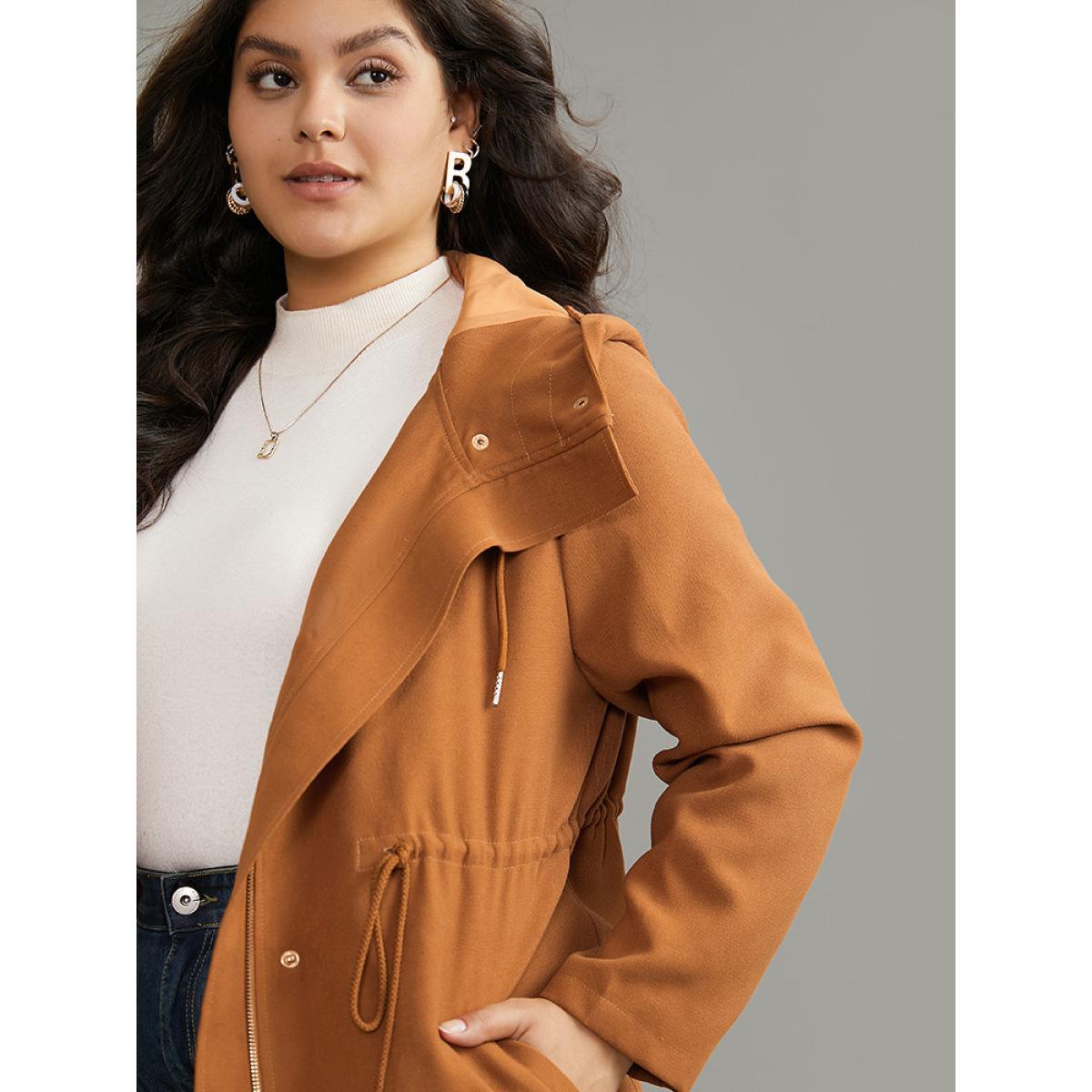 Plus Size Plain Drawstring Button Through Zipper Coat Women Yellow Casual Lined Ladies Dailywear Winter Coats BloomChic 30/6X Product Image
