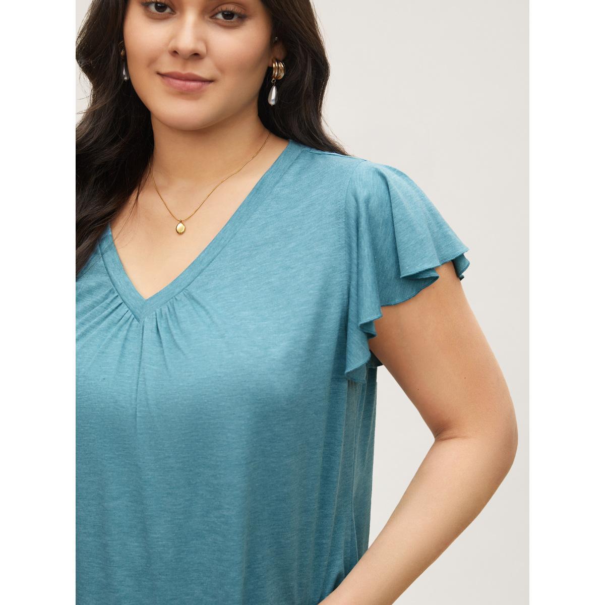 Plus Size Solid Heather Gathered Ruffle Sleeve T-shirt Cerulean Women Elegant Non V-neck Everyday T-shirts BloomChic 14-16/1X Product Image