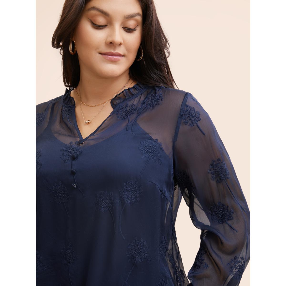 Plus Size Indigo Chiffon Floral Embroidered Mesh Blouse Women Elegant Long Sleeve Notched collar Everyday Blouses BloomChic 26/4X Product Image