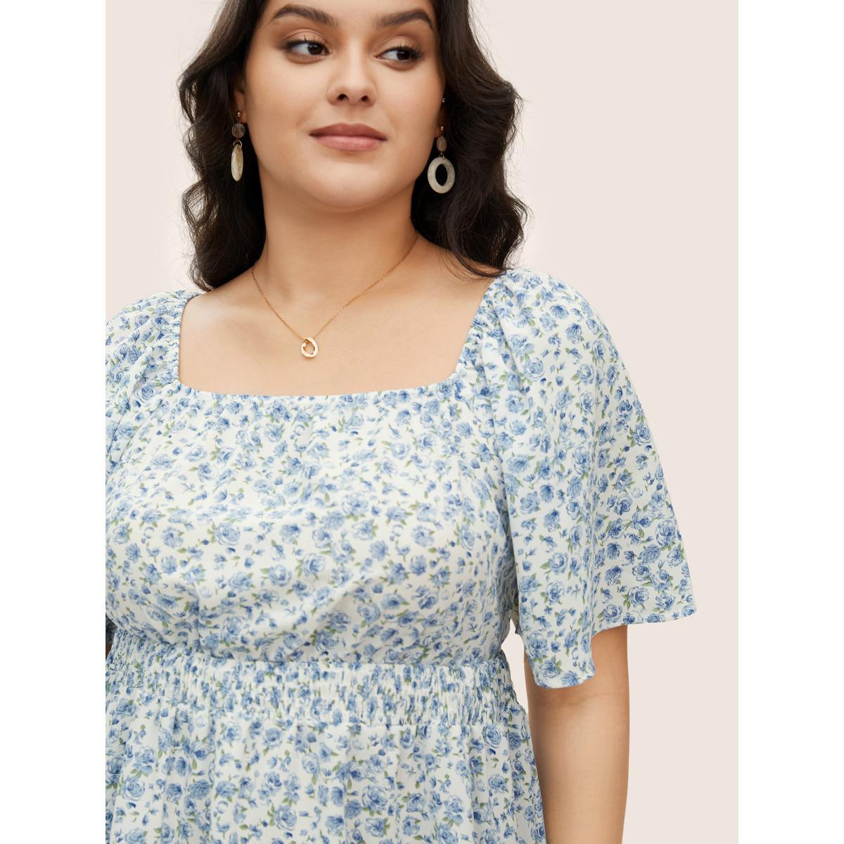 Plus Size White Ditsy Floral Ruffle Sleeve Shirred Square Neck Blouse Women Elegant Short sleeve Square Neck Everyday Blouses BloomChic 14-16/1X Product Image