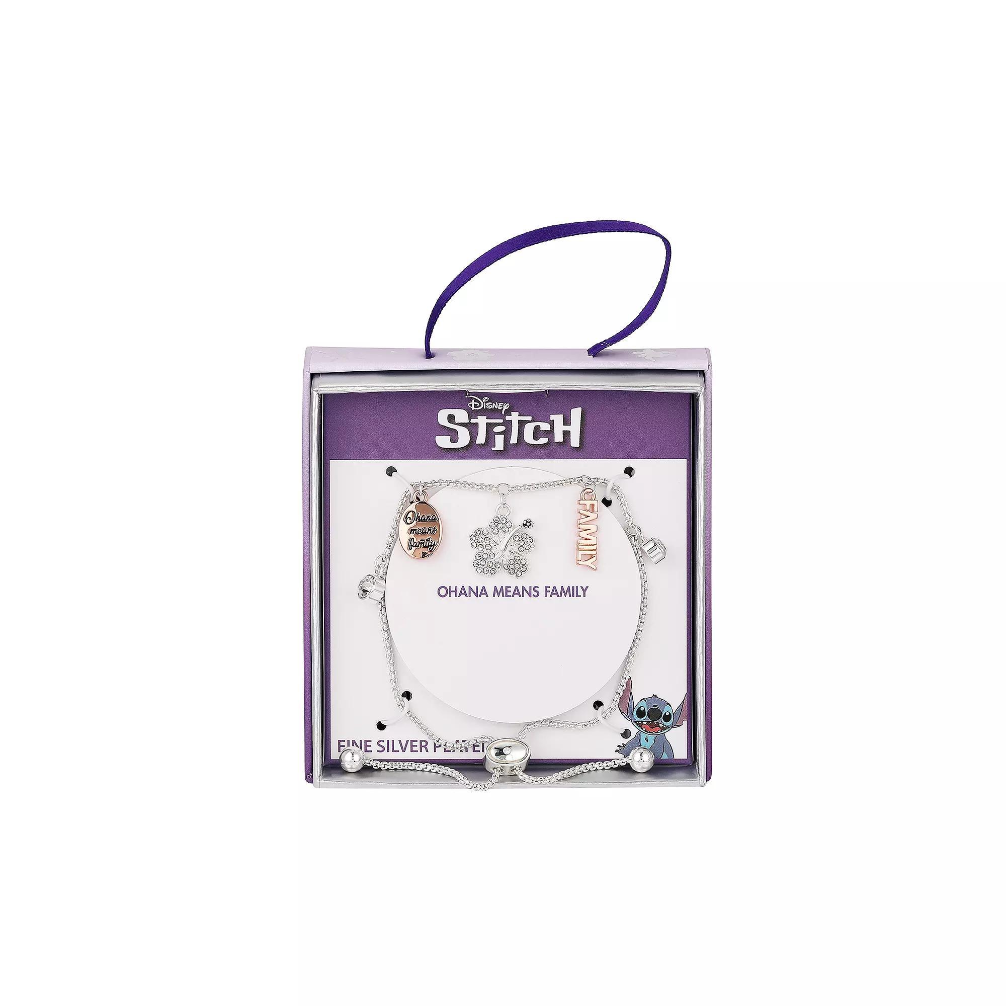 Disney's Lilo & Stitch Fine Silver Plated Crystal Ohana Means Family Charm Bolo Bracelet, Women's, Size: 5-9" ADJ Product Image
