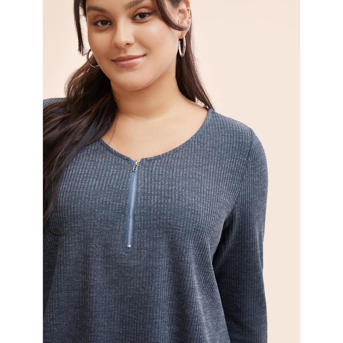 Plus Size Rib Knit Half Zip High Low Hem T-shirt Navy Women Casual Texture V-neck Everyday T-shirts BloomChic 18-20/2X Product Image