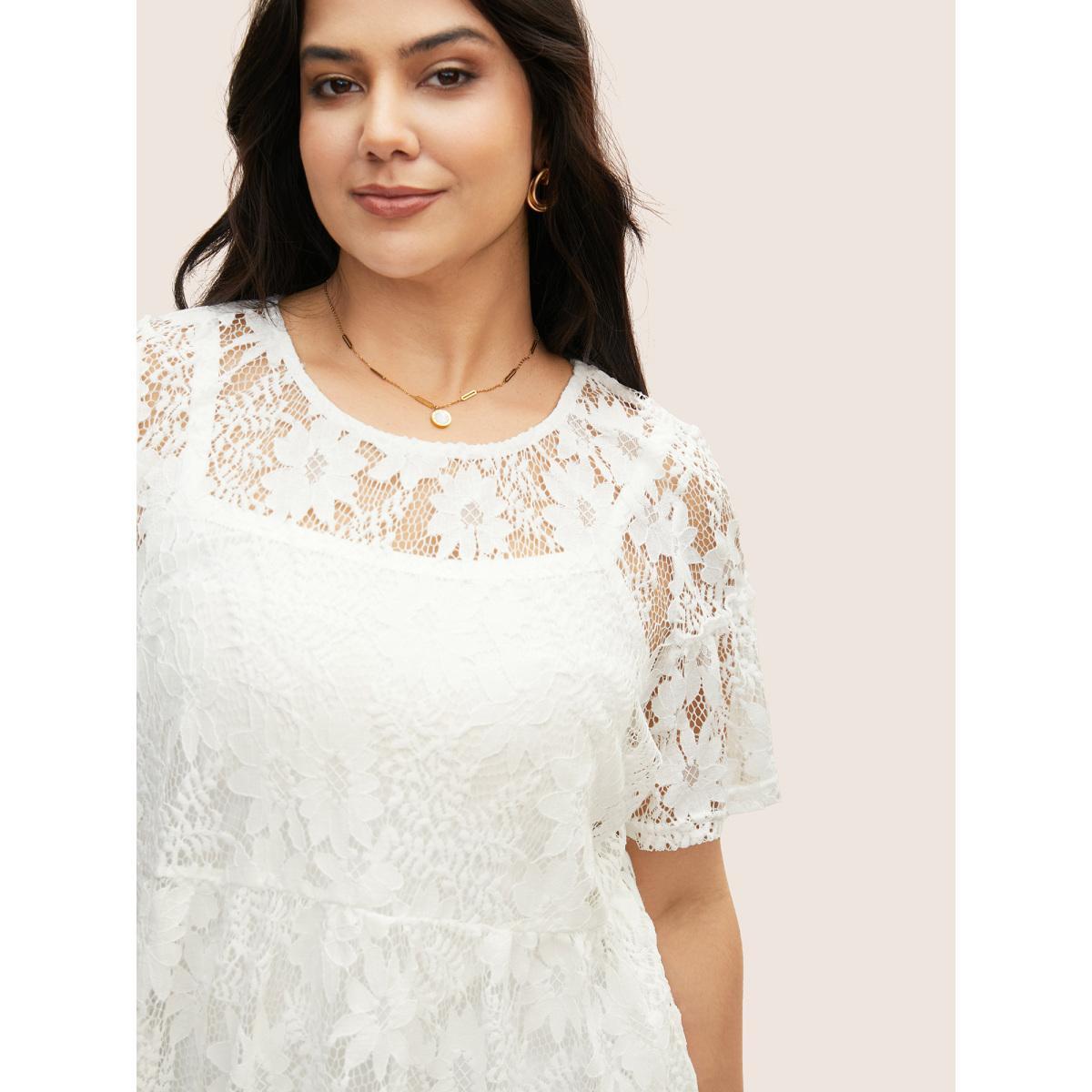Plus Size Round Neck Crochet Lace Mesh T-shirt Originalwhite Women Elegant Cut-Out Round Neck Everyday T-shirts BloomChic 12/L Product Image