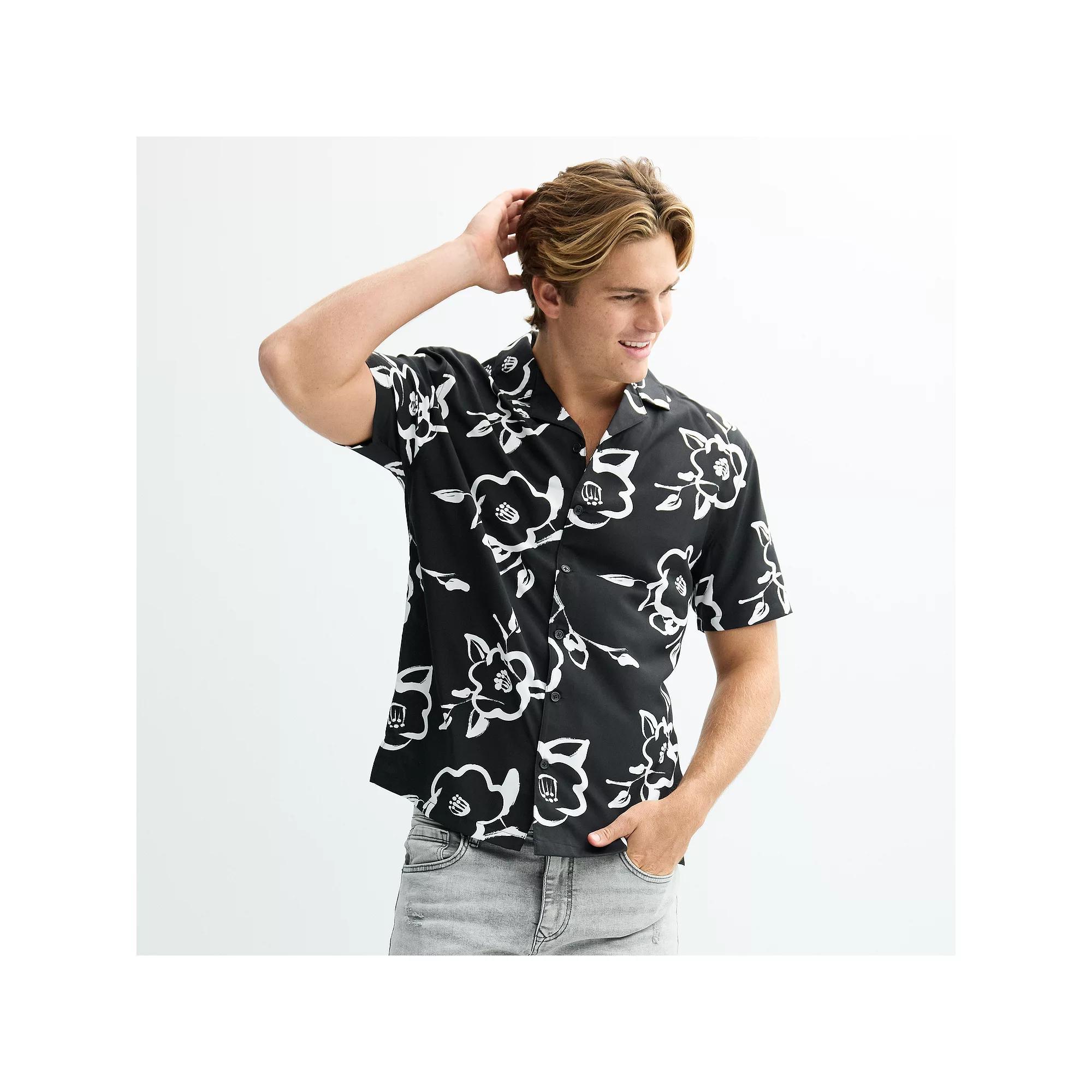 Men's Birch x Black Short-Sleeve Tonal Floral Woven Camp Shirt, Size: XL Product Image