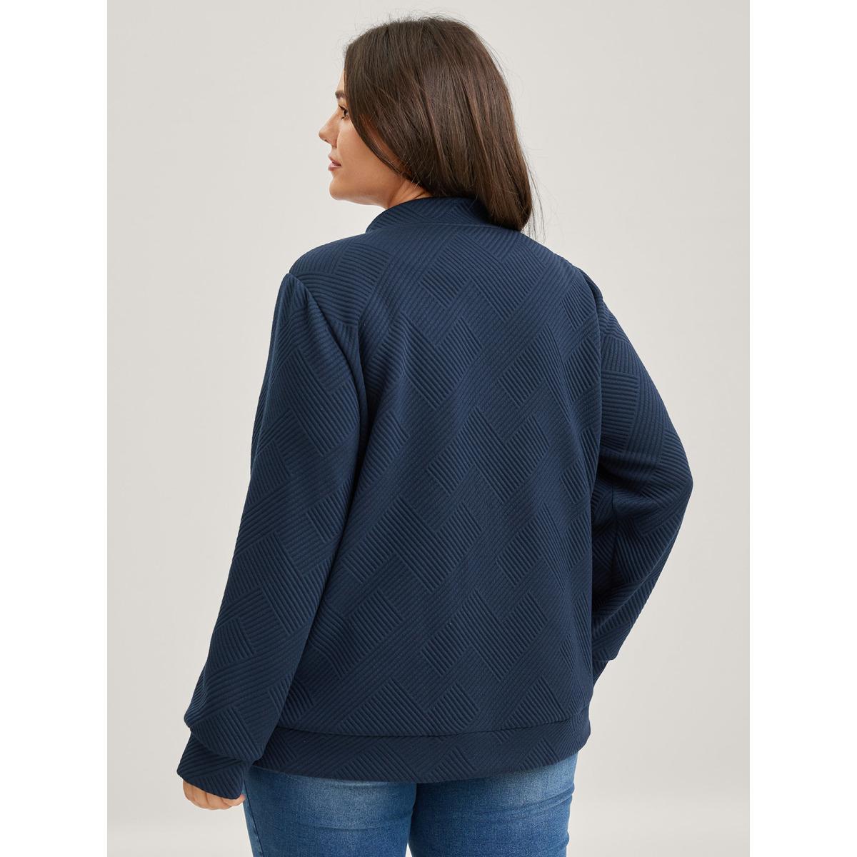Plus Size Textured Solid Pockets Zipper Jacket Women Navy Texture Loose Slanted pocket Everyday-Casual Jackets BloomChic 10/M Product Image