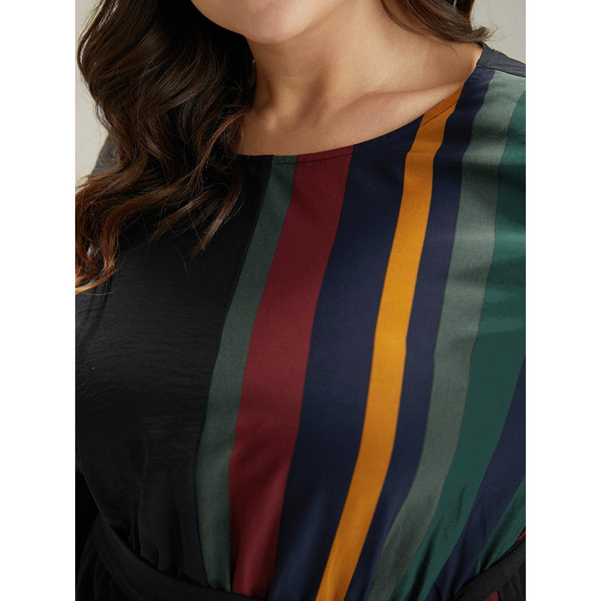 Plus Size Striped Pocket Patchwork Belted Elastic Waist Dress Black Women Office Belted Round Neck Long Sleeve Curvy Midi Dress BloomChic 30/6X Product Image