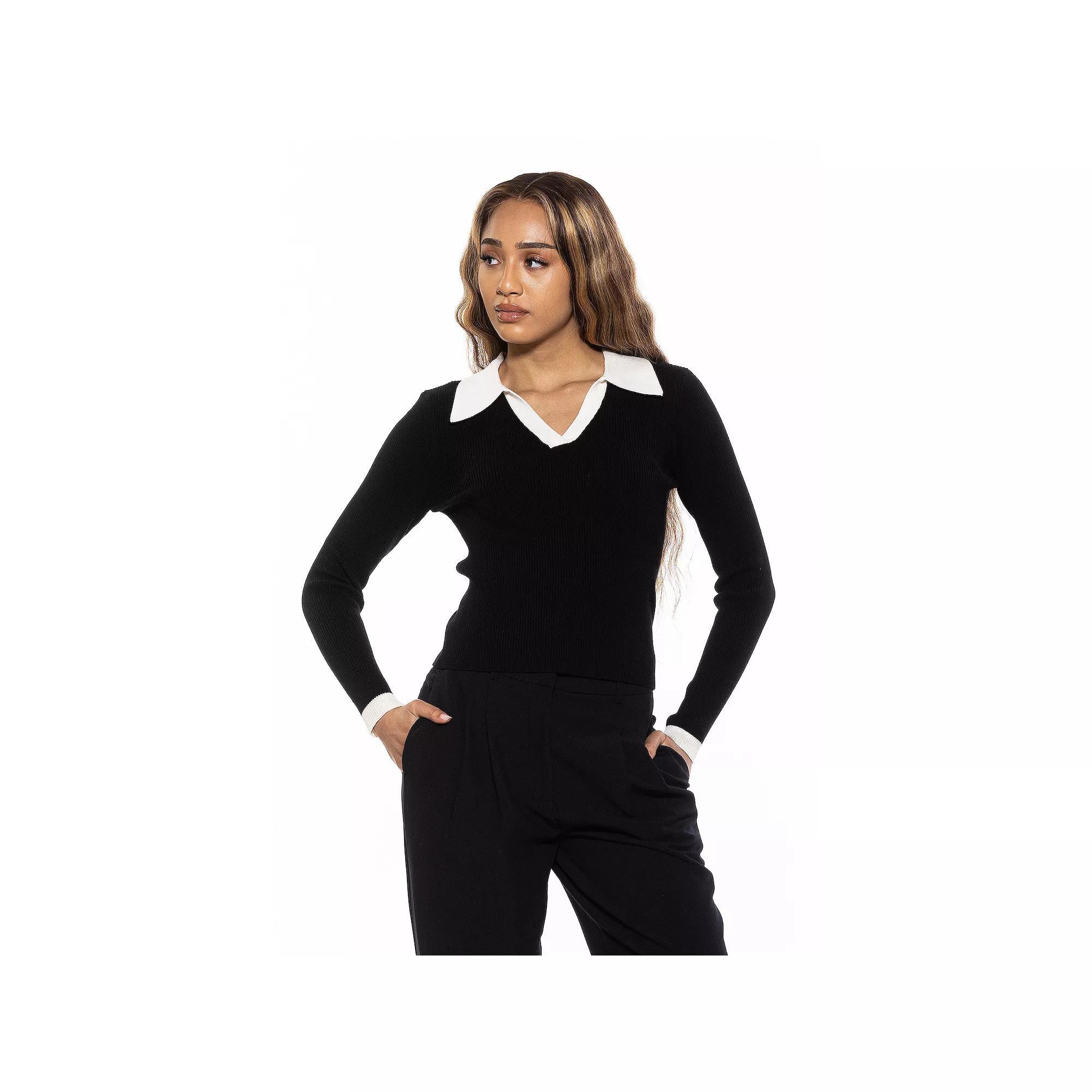 Women's ALEXIA ADMOR Crsti Collared Long Sleeve Ribbed Sweater, Size: XS, Brown Product Image