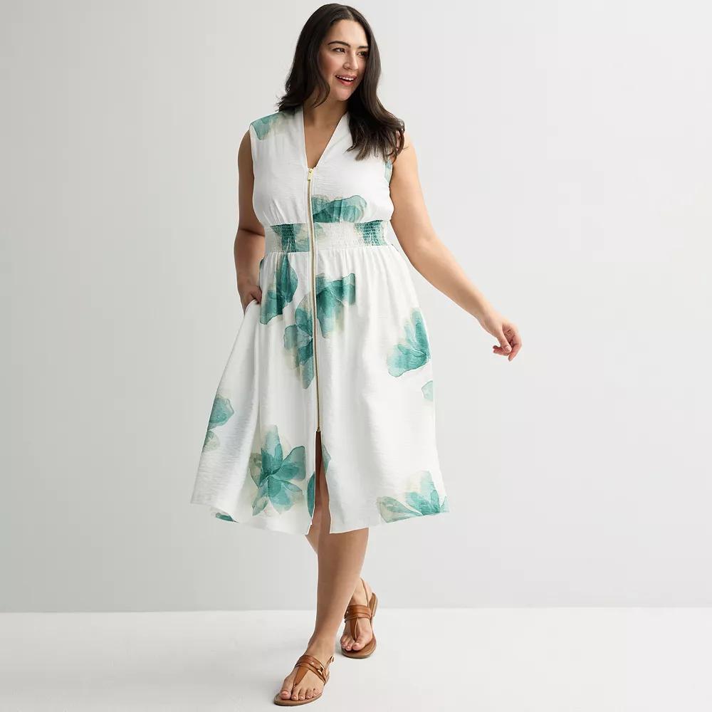 Plus Size Nine West Zip Front Midi Dress, Women's, Size: 0X, White Anna Blooms Product Image