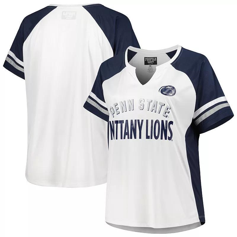 Women's White Penn State Nittany Lions Plus Size Stripe Raglan Notch Neck T-Shirt, Size: 3XL Product Image
