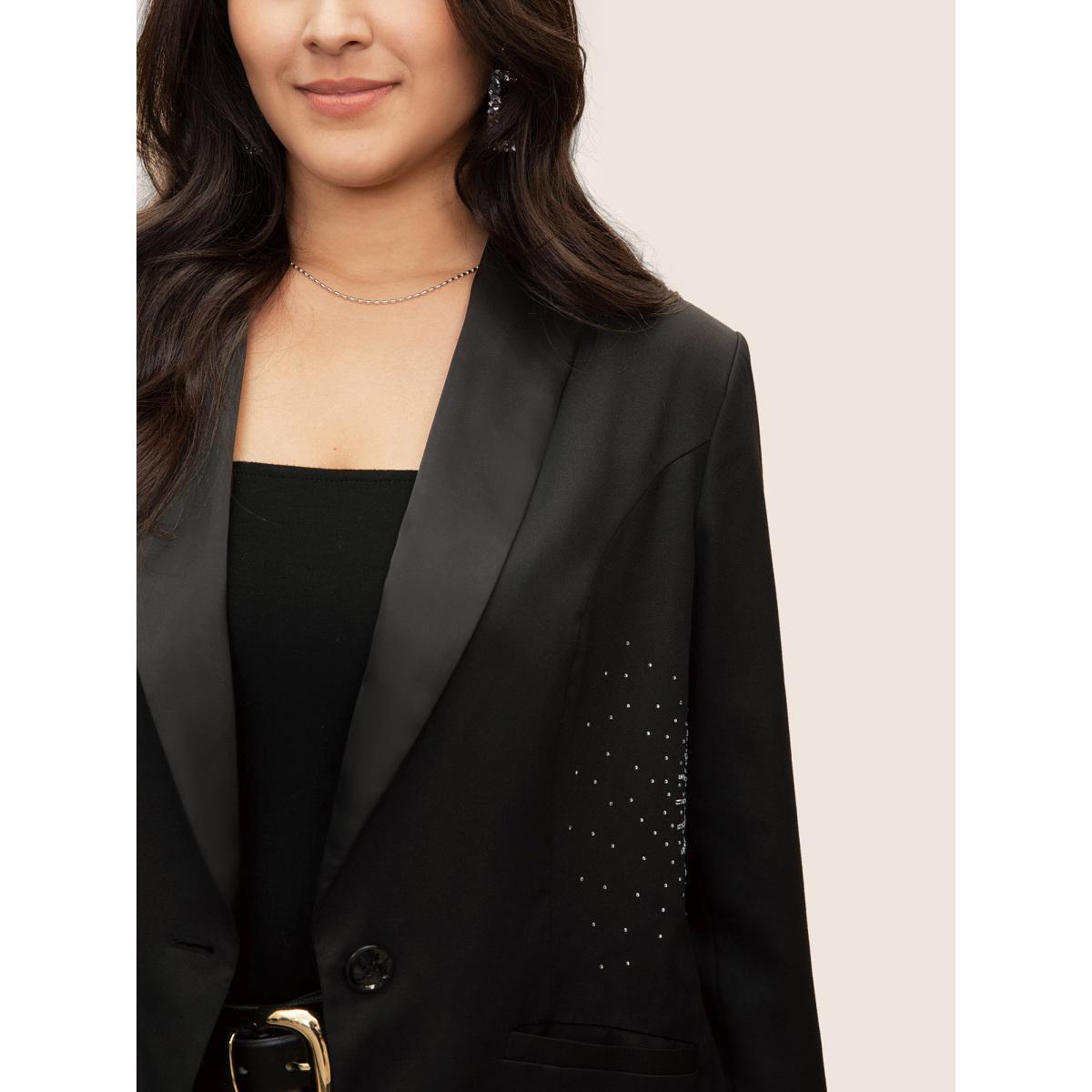 Plus Size Rhinestone Detail Patched Pocket Button Up Blazer Black Women Party Plain Non Sleeve Long Sleeve Suit Collar 14-16/1X Single-flap pocket Cocktail Blazers BloomChic Product Image