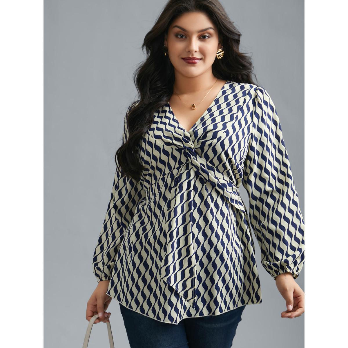 Plus Size Indigo Geometric Print Twist Front Blouse Women At the Office Extra Long Sleeve V-neck Work Blouses BloomChic 28/5X Product Image