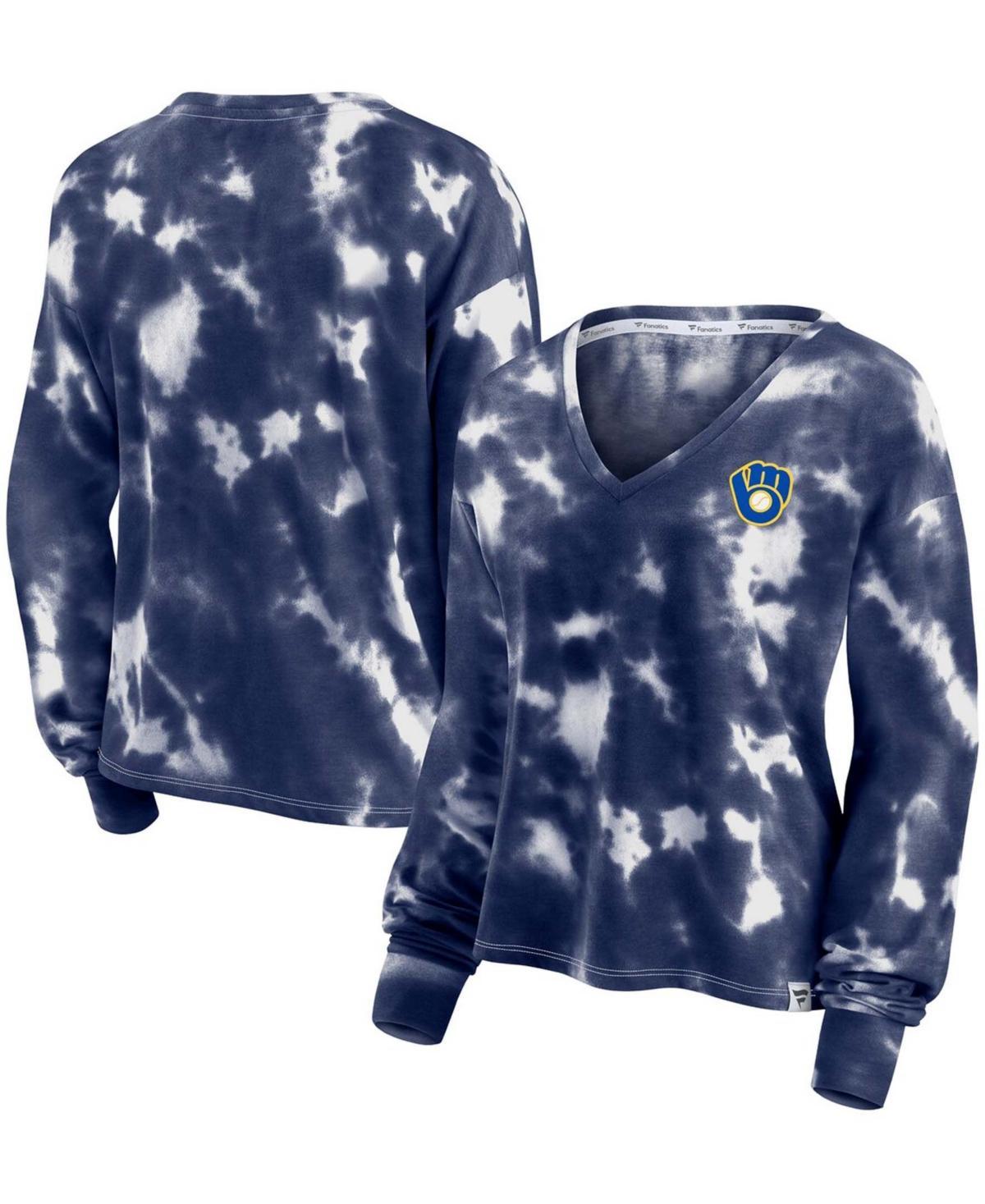 Women's Fanatics Branded White/Navy Boston Red Sox Tie-Dye V-Neck Pullover Cropped Tee, Size: XL Product Image
