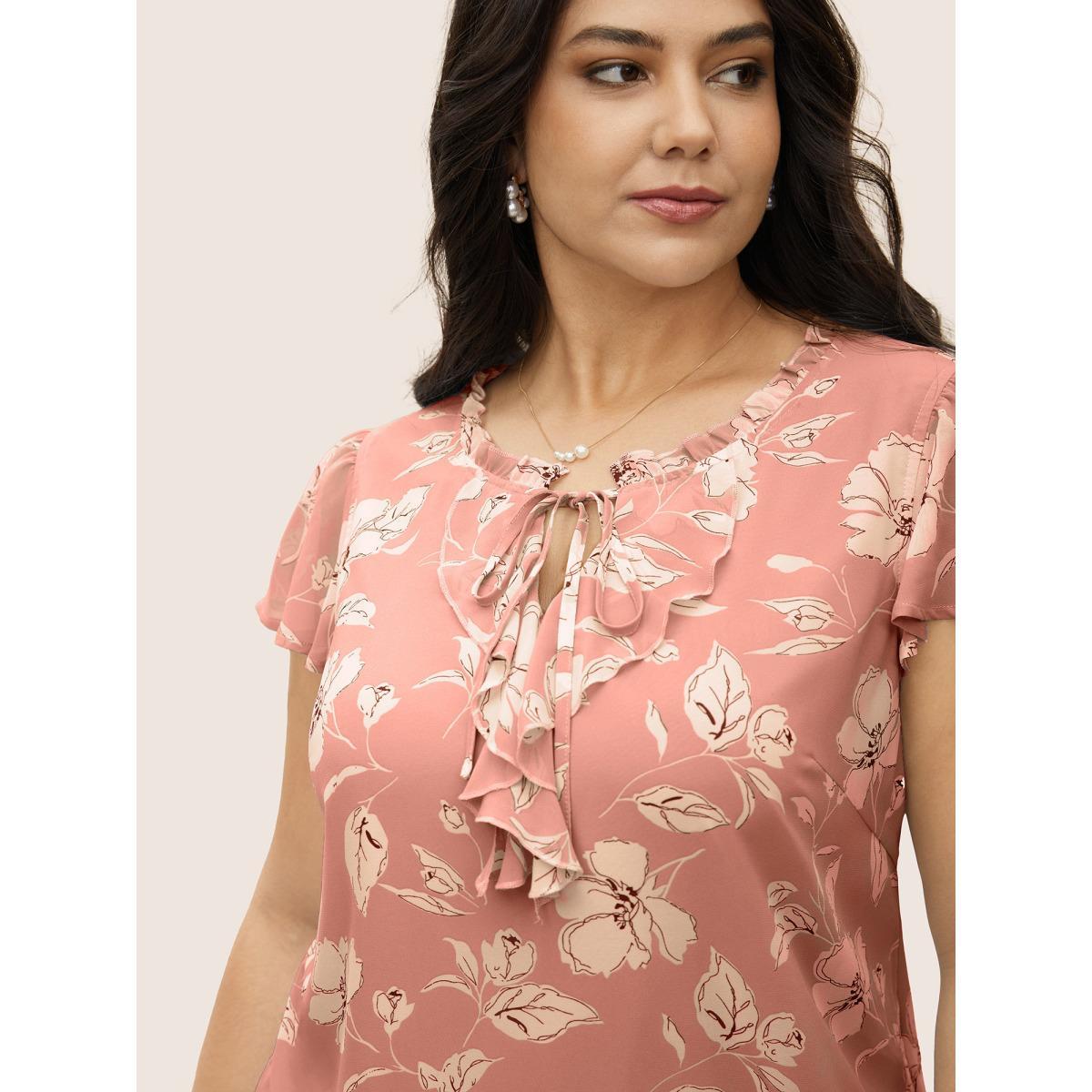 Plus Size Crepe Floral Frill Trim Tie Knot Ruffles Blouse Women Elegant Cap Sleeve Round Neck Everyday Blouses BloomChic 14-16/1X Product Image