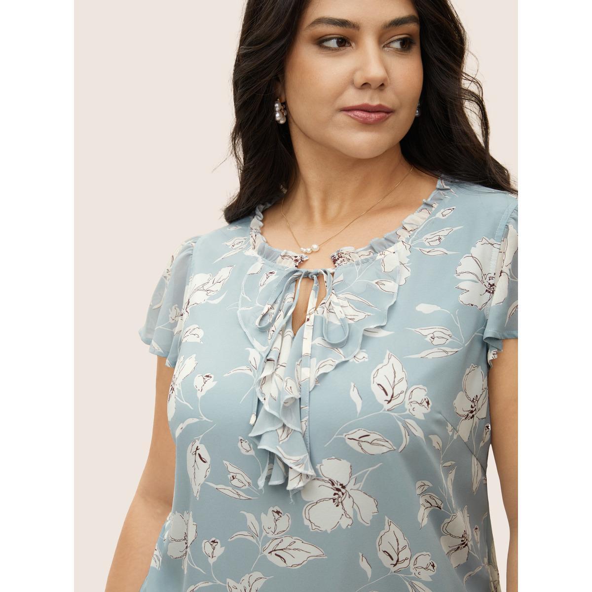 Plus Size Cerulean Floral Frill Trim Tie Knot Ruffles Blouse Women Elegant Cap Sleeve Round Neck Everyday Blouses BloomChic 10/M Product Image