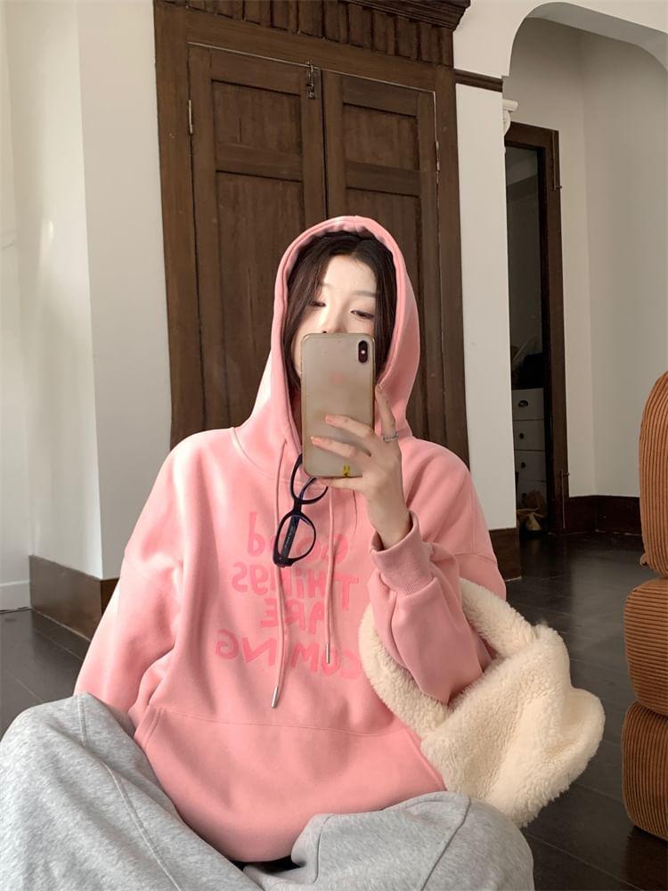 Lettering Print Drawstring Hoodie / High Waist Plain Velvet Maxi A-Line Skirt Product Image